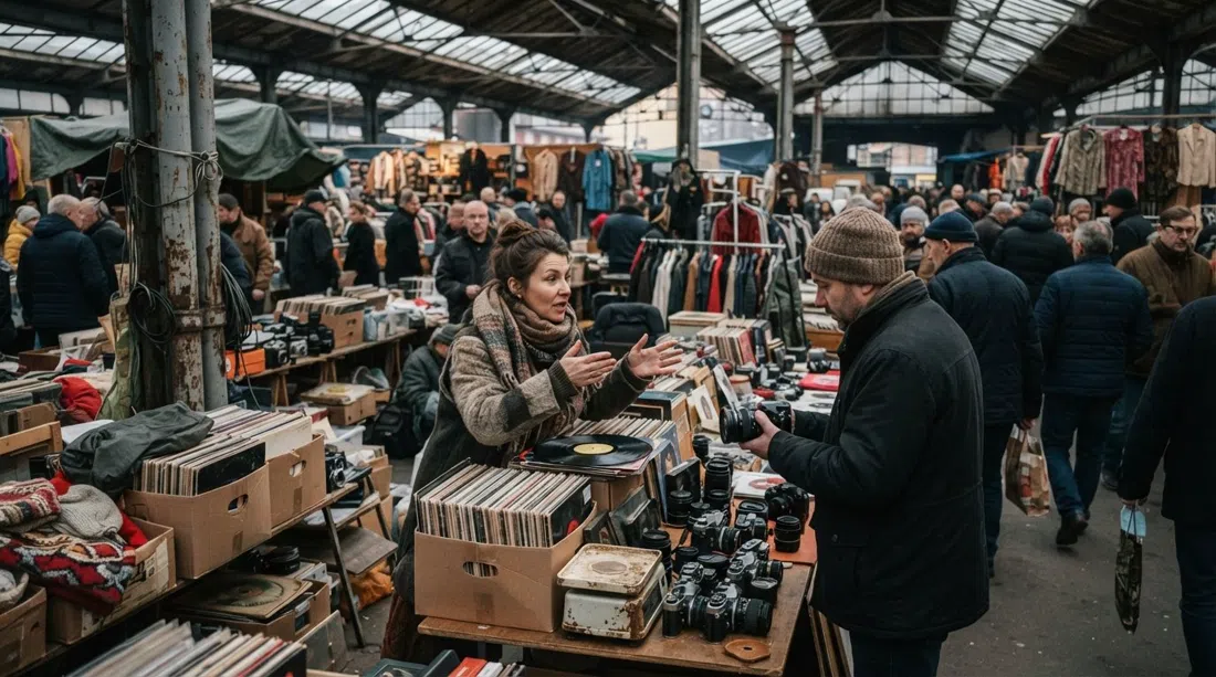 Hala Targowa en Cracovia un domingo por la mañana, puestos abarrotados bajo el techo del mercado con discos de vinilo, cámaras antiguas y ropa vintage, comerciantes y compradores regateando en la luz gris del amanecer