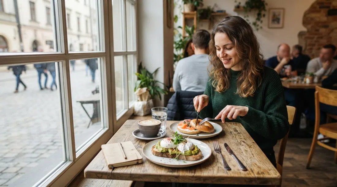 Wesoła Cafe en Rakowicka en Cracovia, una mesa de desayuno de café de especialidad luminosa con tostada de aguacate, bagel de salmón ahumado y una taza de café junto a la ventana