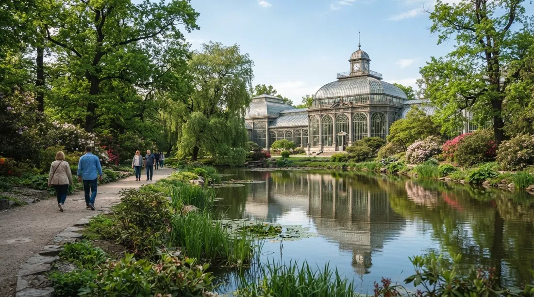el Jardín Botánico de la Universidad Jagellónica en Cracovia, un estanque bordeado por árboles viejos e invernaderos de estilo victoriano en una tranquila tarde de primavera