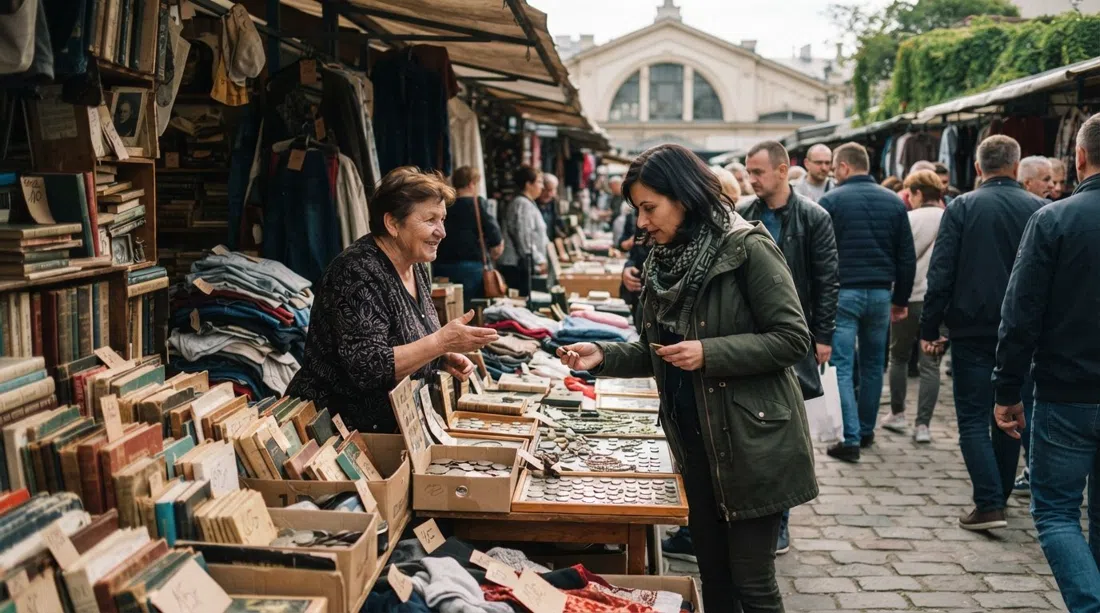 el mercadillo dominical en Hala Targowa en Cracovia, un puesto abarrotado de libros, monedas y ropa vintage con precios escritos a mano y compradores regateando en el pasillo