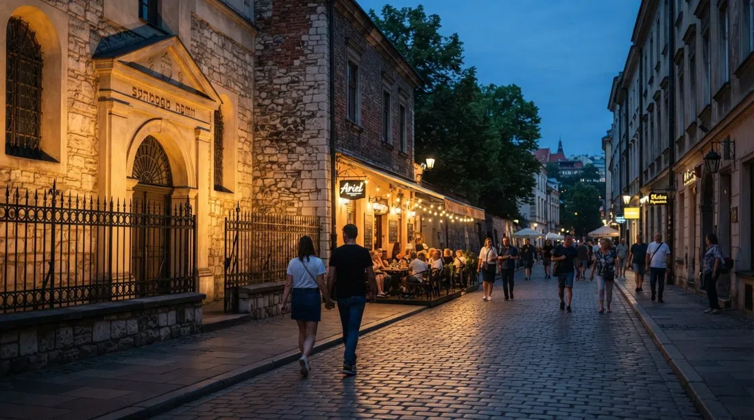 Szeroka al atardecer en Kazimierz, con la Sinagoga Remuh, adoquines bajos y cálida luz de ventana de los cafés cercanos