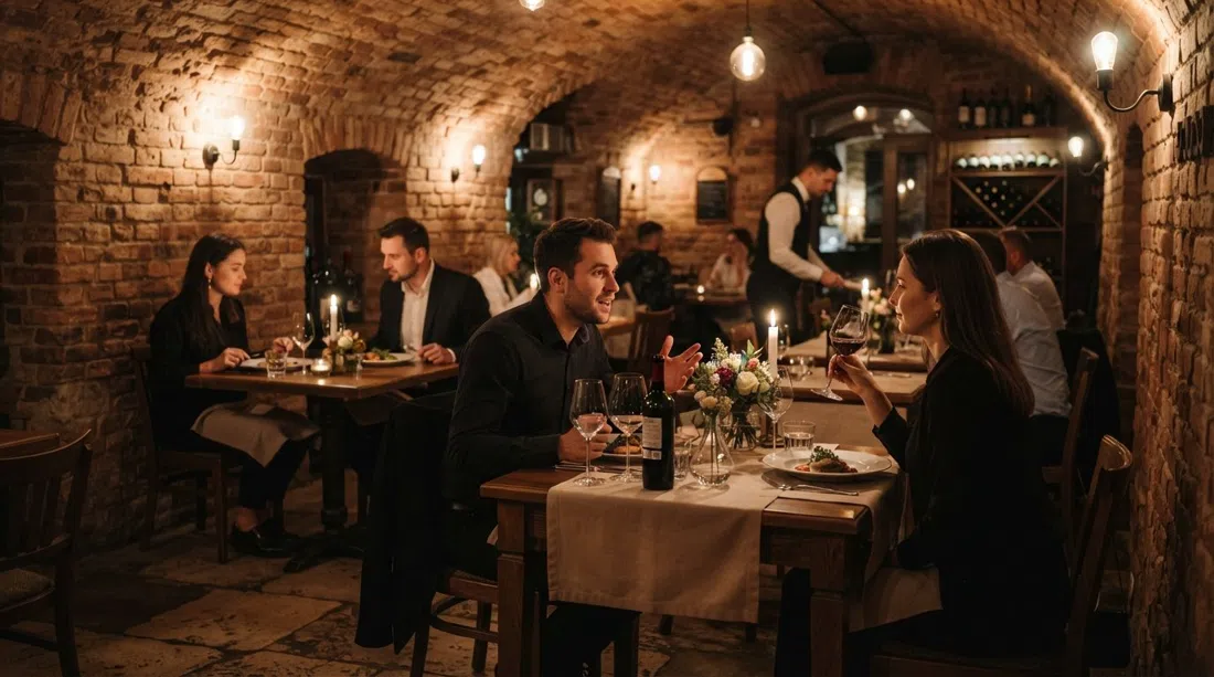 el comedor de sótano de ladrillo en Bottiglieria 1881 en ul. Bocheńska, mesas de alta cocina con ambiente y luz cálida y tenue
