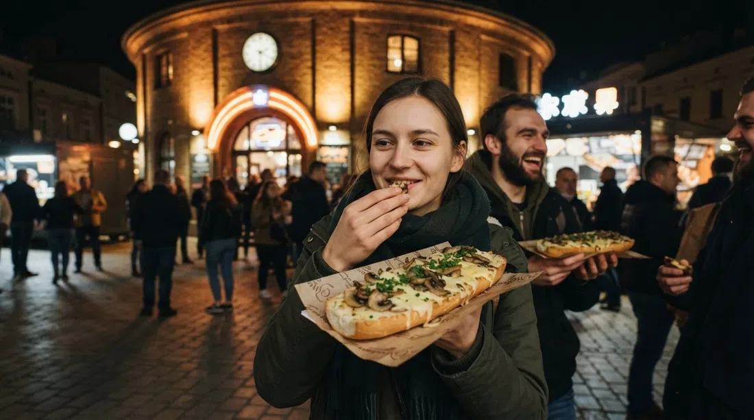 una zapiekanka nocturna del Okrąglak en Plac Nowy, queso fundido y champiñones sobre una baguette larga abierta bajo luz de neón