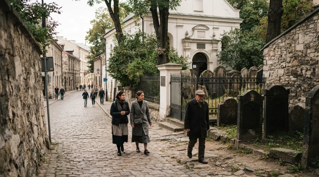 la Sinagoga Remuh y el cementerio en Szeroka, con viejos muros de piedra, callejones estrechos y un ambiente tranquilo de peregrinación