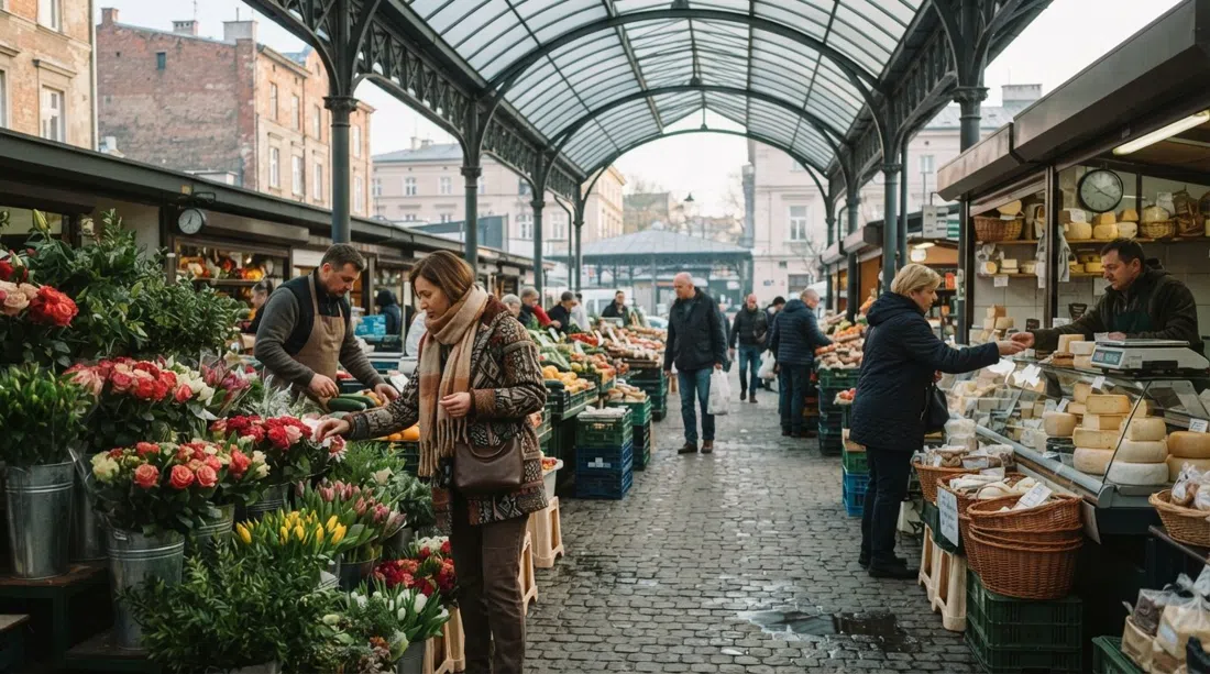 Mercado de Stary Kleparz bajo su cubierta de vidrio y acero en la luz temprana de la mañana, puestos abriendo mientras los compradores curiosean flores, queso y productos