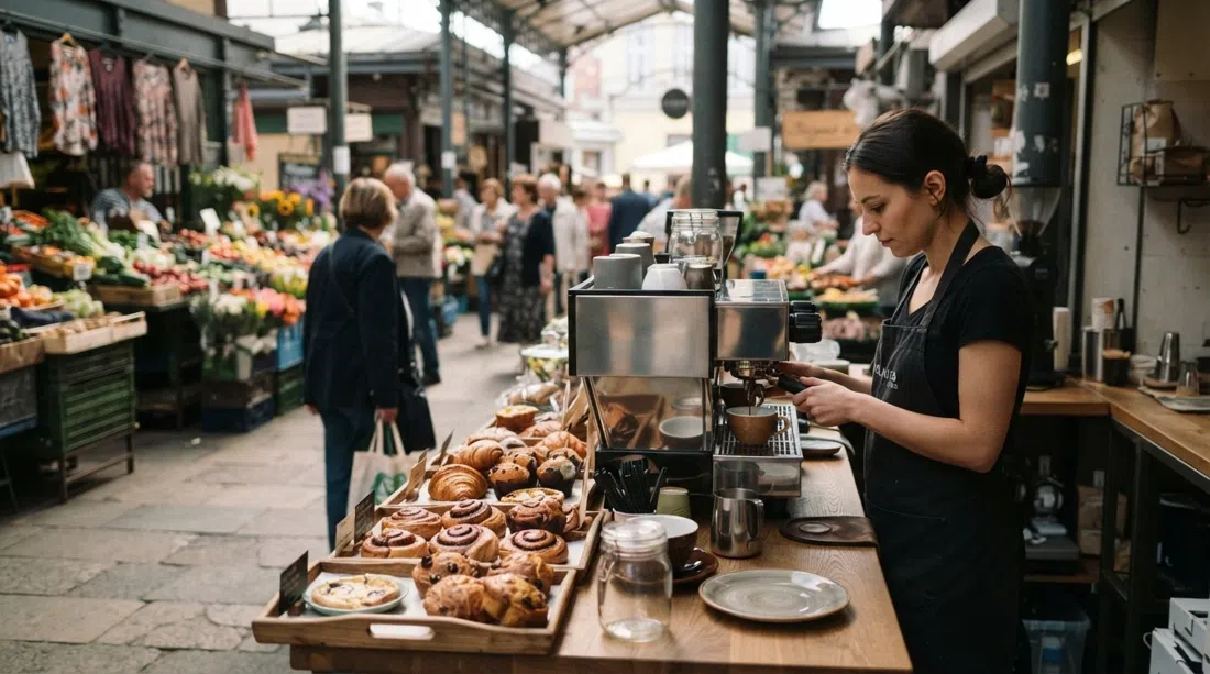 Mostrador de café de Aura dentro de Stary Kleparz, un espresso matutino siendo preparado junto a pasteles vegetales y puestos del mercado