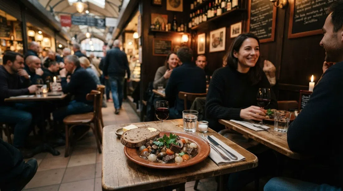 un plato de beef bourguignon en Sacrebleu! dentro de los quioscos del mercado, iluminación íntima de bistró francés y una mesa pequeña