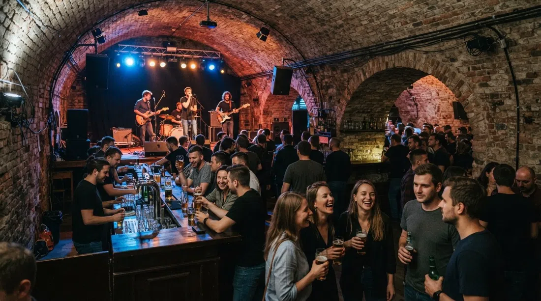 las bóvedas de ladrillo visto dentro de Forty Kleparz, con iluminación de escenario, dos bares y el ambiente de una noche de música en vivo