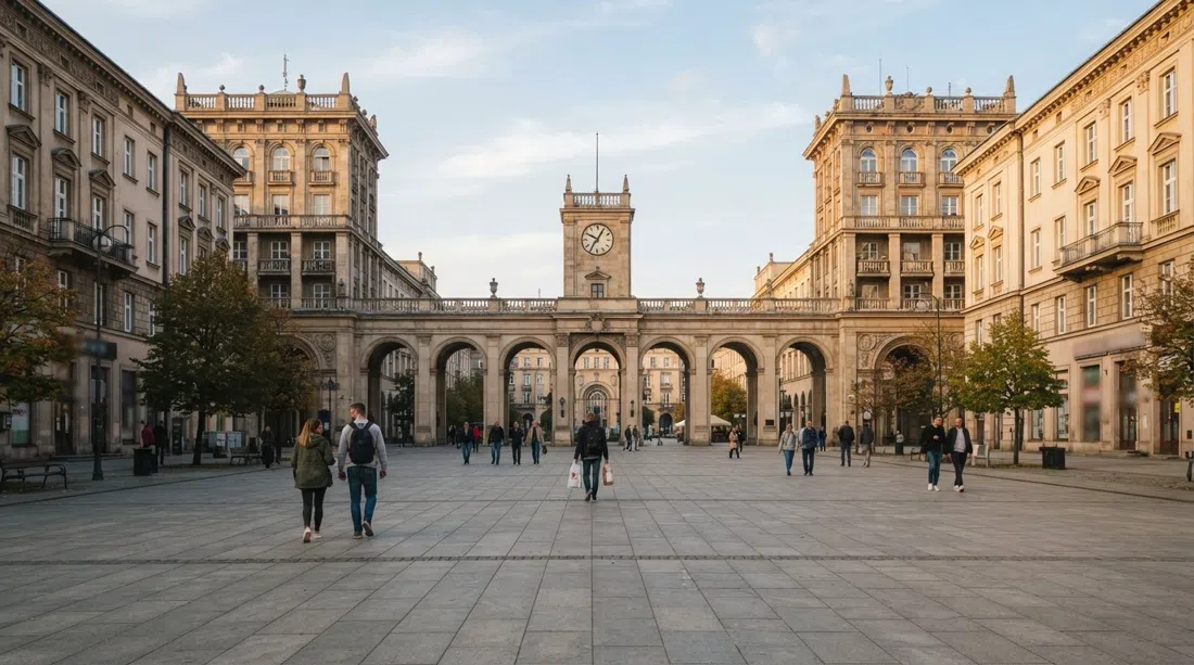 Plaza Central en Nowa Huta, Cracovia, con sus monumentales arcadas realistas-socialistas y una amplia plaza abierta bajo la suave luz de la tarde
