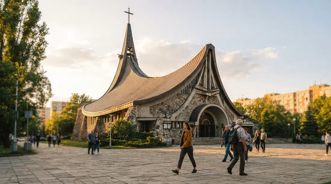 la iglesia Arka Pana en Nowa Huta, Cracovia, mostrando su nave modernista en forma de barco y su fachada de piedra a la hora dorada