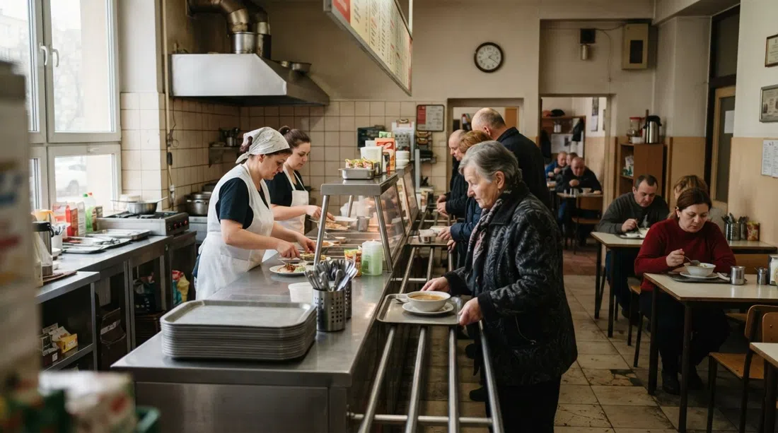 el mostrador y el sencillo comedor de Bar Mleczny Centralny en la Plaza Central, con bandejas de acero inoxidable, menús plastificados y luz de la mañana temprana