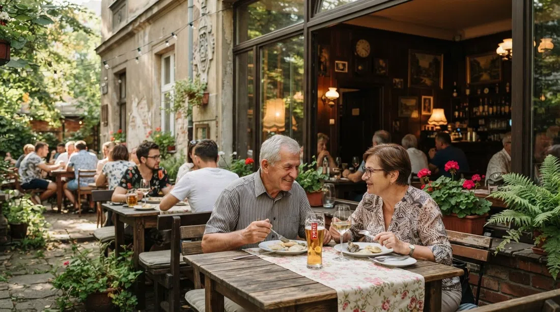 Restauracja Stylowa en Nowa Huta, Cracovia, con su comedor de la era PRL, detalles acogedores en el interior y un ambiente relajado de jardín de verano