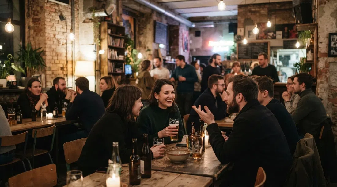 Klub Kombinator junto al teatro Łaźnia Nowa, un bar-café postindustrial y relajado con cálida luz vespertina y un público local