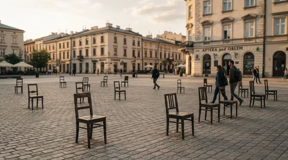 Plaza de los Héroes del Gueto en Podgórze con las 33 sillas vacías de bronce y hierro esparcidas por la plaza abierta a última hora de la tarde