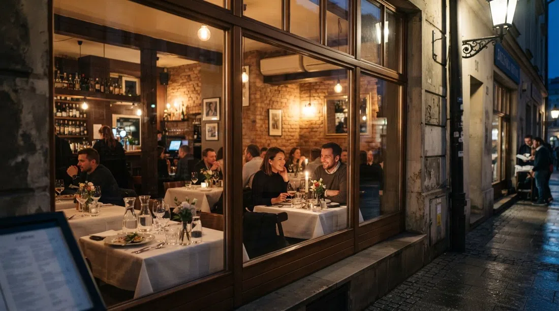 ZaKładka Bistro de Cracovie en Józefińska 2 con un interior de bistró íntimo, mesas preparadas y cálida luz vespertina a través de las ventanas