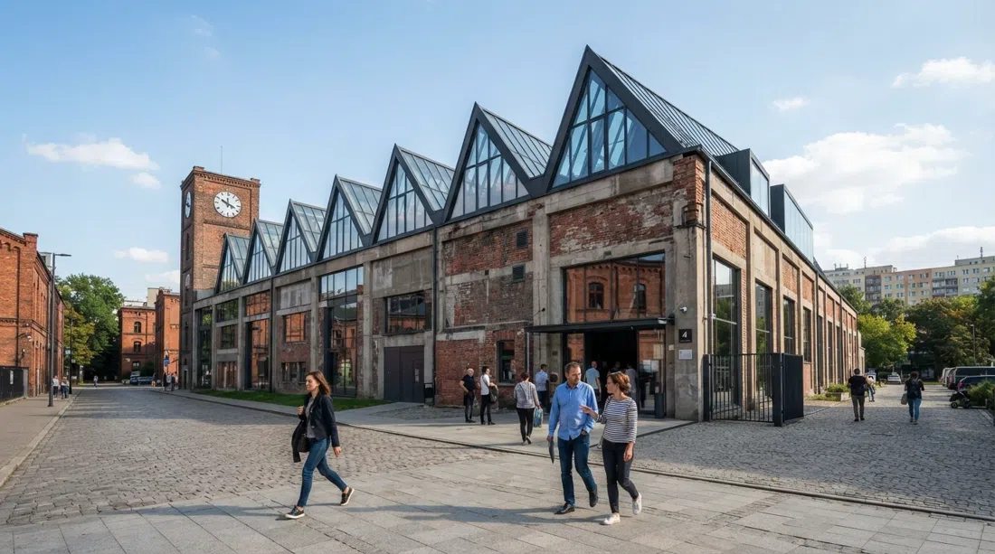 el techo de dientes de sierra y la fachada postindustrial de MOCAK en Lipowa 4 a plena luz del día