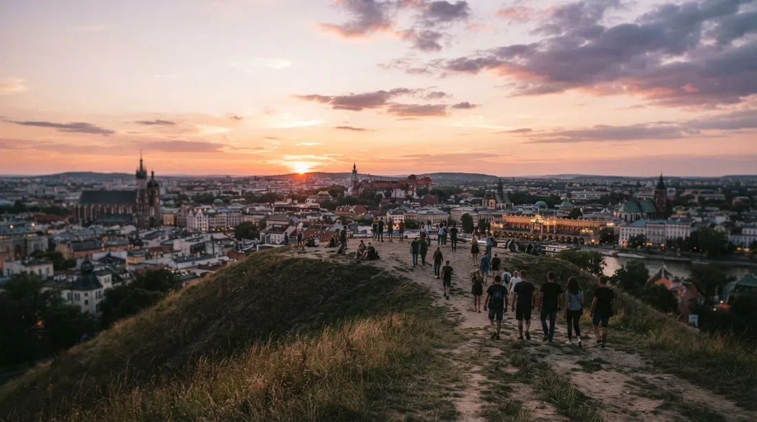 Montículo de Krakus al atardecer con personas silueteadas en la ladera herbosa y el horizonte de Cracovia en un panorama de 360 grados