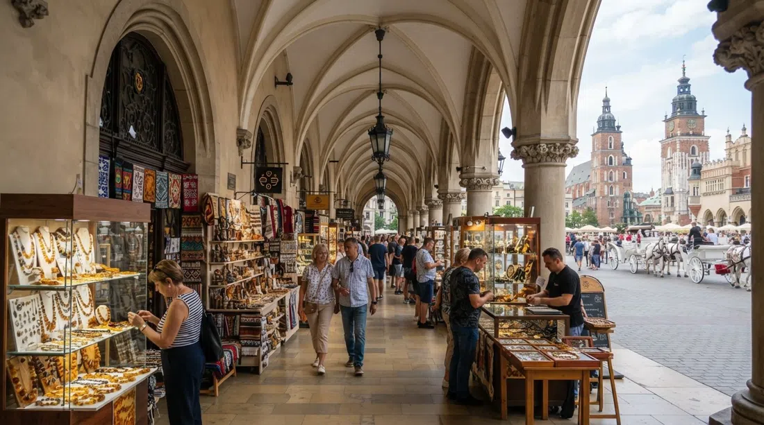 la arcada de la Sukiennice en la Rynek Główny de Cracovia, puestos de ámbar y recuerdos bajo los arcos renacentistas con la plaza bulliciosa afuera