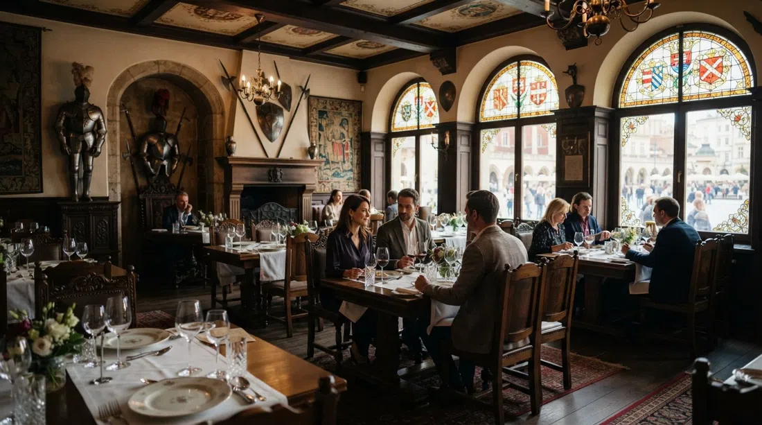 el comedor de Wierzynek en la Rynek Główny, vidrieras, detalles de armaduras y mesas pulidas preparadas para una cena histórica formal