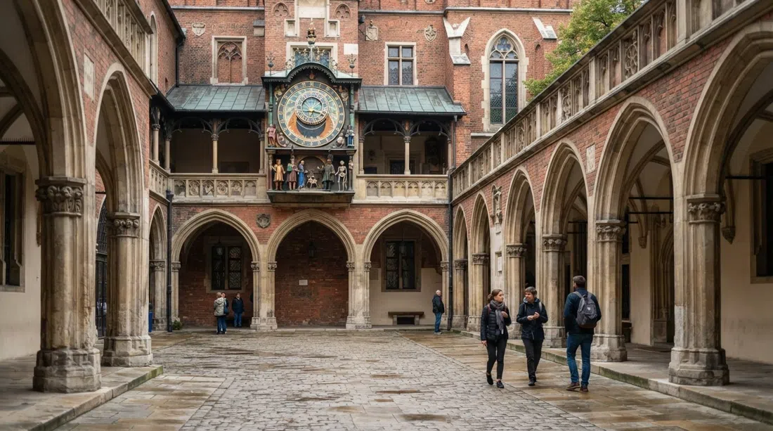 el patio porticado del Collegium Maius en Cracovia, ladrillo gótico y un ambiente universitario tranquilo con el espectáculo del reloj animado