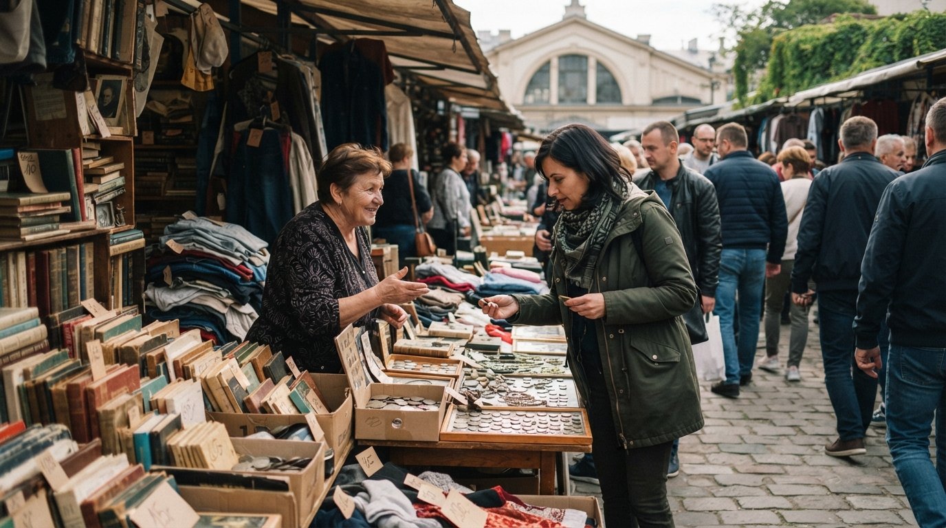 the Sunday flea market at Hala Targowa in Kraków, a crowded stall of books, coins and vintage clothing with handwritten price tags and shoppers bargaining in the aisle