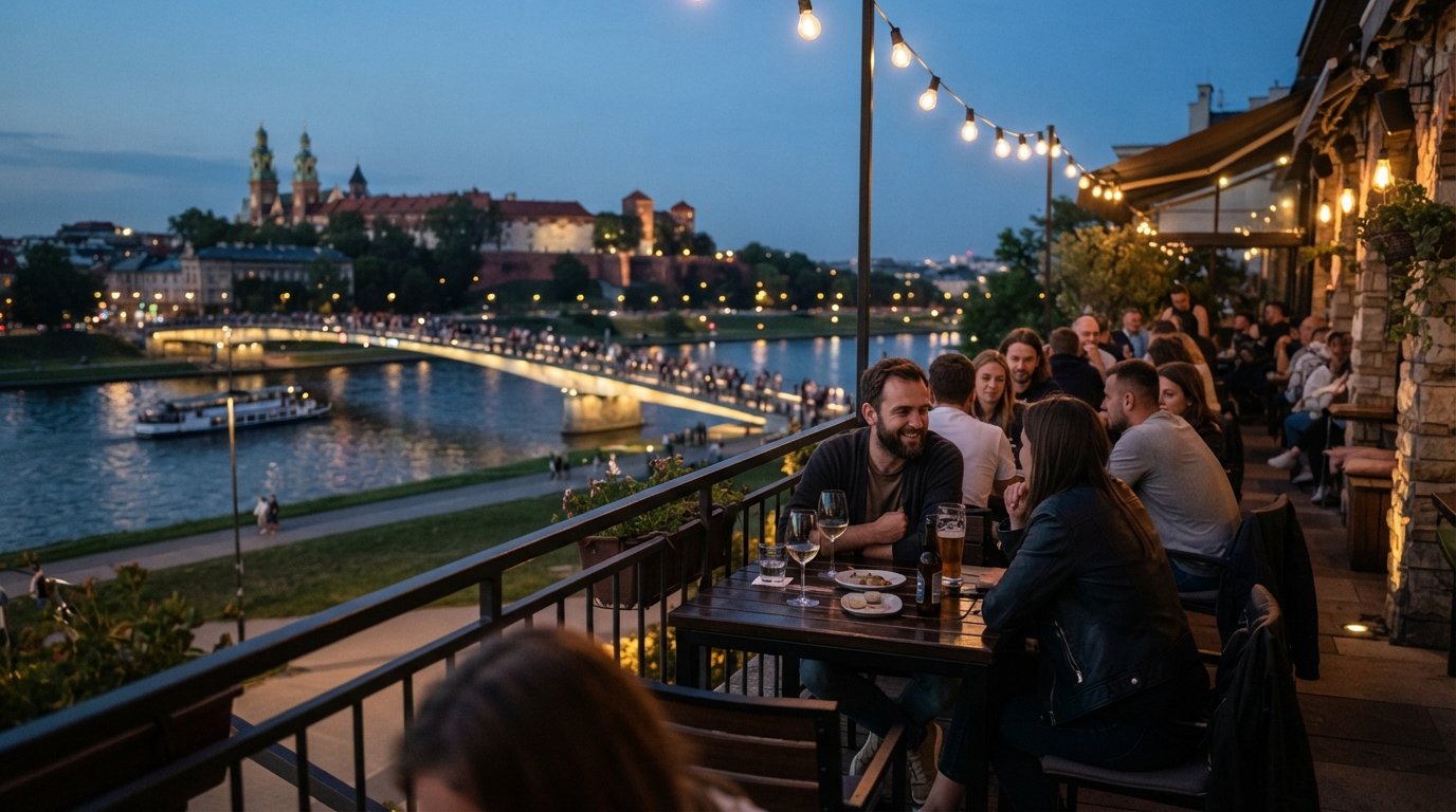 Drukarnia Jazz Club terrace on Nadwiślańska 1 facing the Vistula at dusk, with the river and bridge lights in view